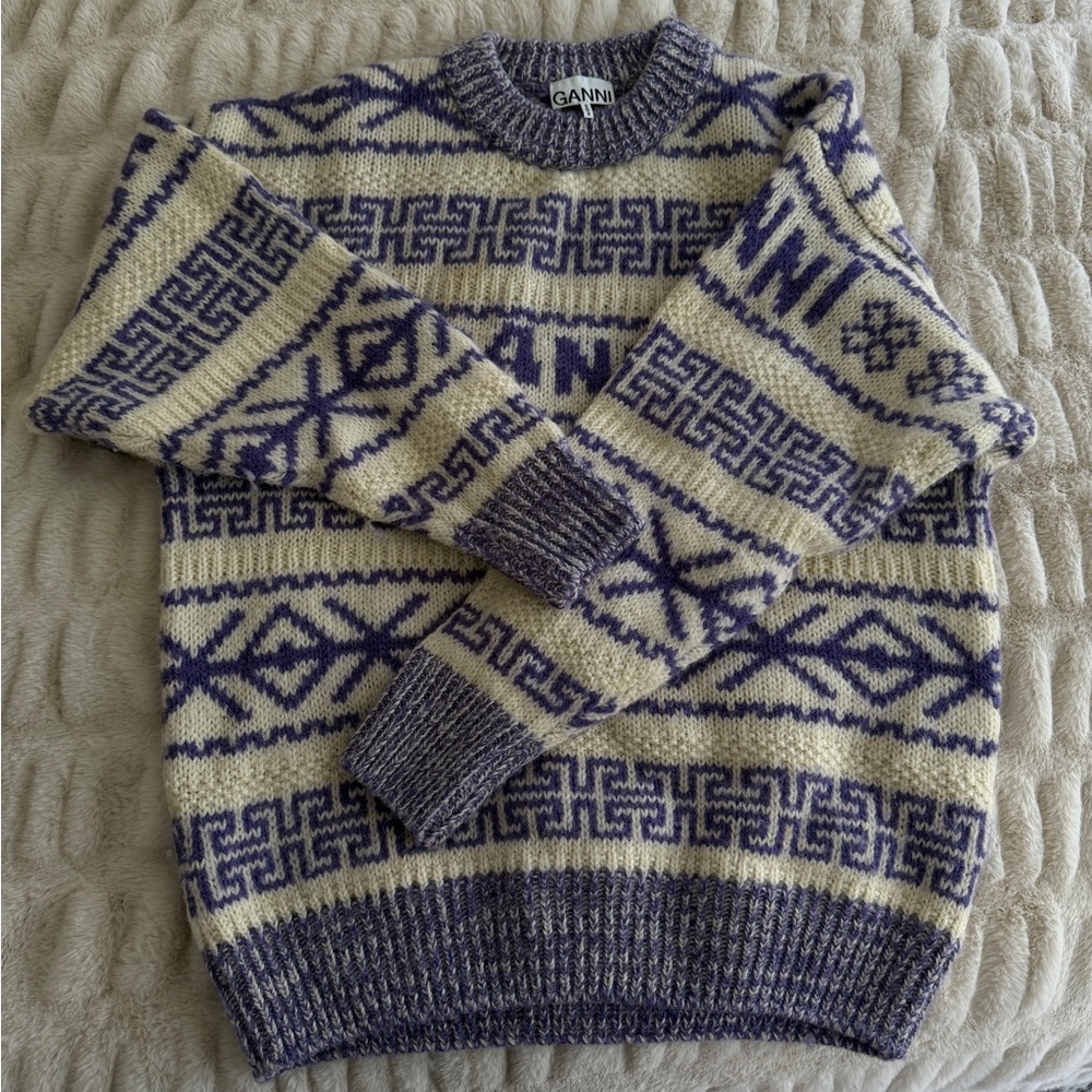 GANNI Purple and Cream Patterned Sweater